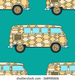 Seamless Pattern of Vintage car a mini van in zentangle style. Hand drawn image. The popular bus model in the environment of the followers of the hippie movement. Vector illustration. 