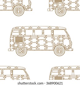 Seamless Pattern of Vintage car a mini van in zentangle style. Hand drawn image. The popular bus model of the hippie movement. Vector illustration. 