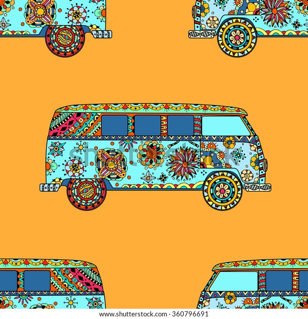 Seamless\
Pattern of Vintage car a mini van in zentangle style. Hand drawn\
image. The popular bus model in the environment of the followers of\
the hippie movement. Vector illustration.\
