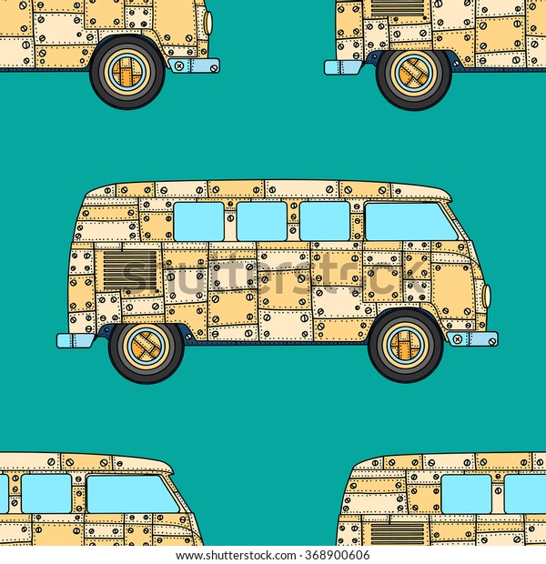 Seamless\
Pattern of Vintage car a mini van in zentangle style. Hand drawn\
image. The popular bus model in the environment of the followers of\
the hippie movement. Vector illustration.\
