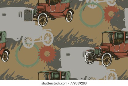 Seamless pattern. Vintage car in the style of engraving. Vector illustration