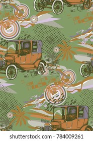 Seamless pattern. Vintage car in the style of engraving. Vector illustration
