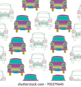 Seamless pattern with vintage cars. Hand drawn vector illustration.