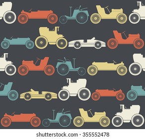 Seamless pattern with vintage cars. Stylish template can be used for texture of the old paper, linen, tile wallpaper, and more creative designs.  