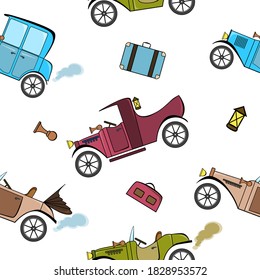 Seamless pattern with vintage cars and suitcases in cartoon style on white background.