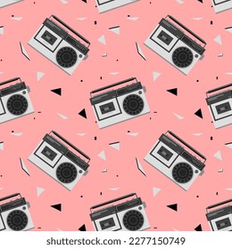 Seamless pattern with vintage cassette players. Retro 80s and 90s style vector art. Pink trendy abstract background