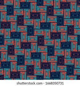 Seamless pattern with vintage cassette tapes. Vector illustration.