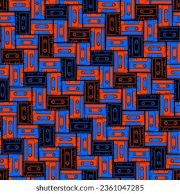 Seamless pattern with vintage cassette tapes. Vector illustration.