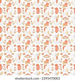 Seamless pattern with vintage cats characters on a white background. Flat color vector illustration.
