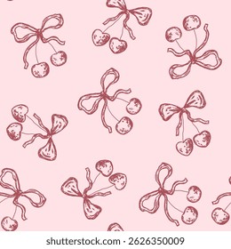 Padrão contínuo de cereja vintage em forma de coração com coquette arco rosa
