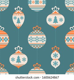 Seamless pattern with vintage Christmas balls and decor. Vector illustration.