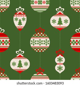 Seamless pattern with vintage Christmas balls and decor. Vector illustration.