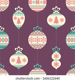 Seamless pattern with vintage Christmas balls and decor. Vector illustration.