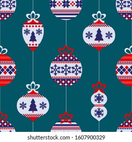 Seamless pattern with vintage Christmas balls and decor. Vector illustration.