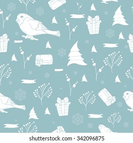 Seamless pattern Vintage Christmas and New Year design. Vector illustration with hand drawn Christmas tree, snowflake and bullfinch for winter holidays design