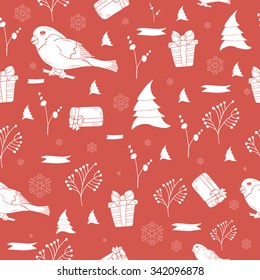 Seamless pattern Vintage Christmas and New Year design. Vector illustration with hand drawn Christmas tree, snowflake and bullfinch for winter holidays design