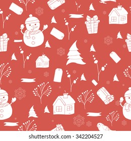 Seamless pattern Vintage Christmas and New Year design. Vector illustration with hand drawn Christmas tree, snowflake and bullfinch for winter holidays design
