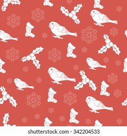 Seamless pattern Vintage Christmas and New Year design. Vector illustration with hand drawn Christmas tree, snowflake and bullfinch for winter holidays design