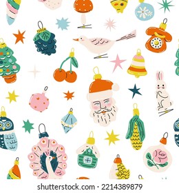 Seamless pattern with vintage Christmas tree ornaments