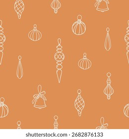 Nahtloses Muster mit vintage Weihnachtsbaumschmuck auf gelbem Hintergrund im Linienstil. Handgezeichnete Vektorgrafik zum Verpacken von Papier, Textilien, Stoff.