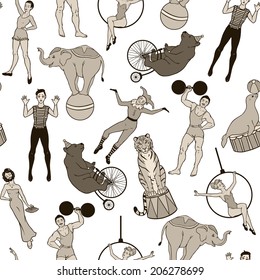 Seamless pattern vintage circus theme, performers and animals