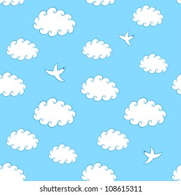 Seamless pattern of vintage clouds and birds. Vector illustration