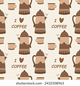 Patrón sin costura, tazas de café vintage con adorno y granos de café. Fondo, impresión, vector