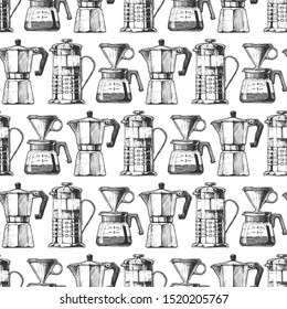 Seamless pattern with vintage coffeemaker: french press, Pour over brewer and moka pot. Illustration in hand drawn style. 