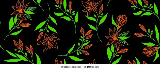 Patrón sin fisuras de flores de lirio coloridas vintage sobre fondo negro. Estilo doodle de Ilustración vectorial. Para el diseño de Fondo de pantalla usado, tela textil o papel de embalaje