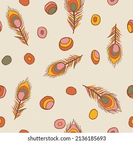 seamless pattern vintage colorful peacock feather with circle object, fashion textile or wallpaper background, vector illustration