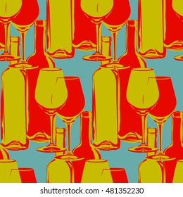 seamless pattern in vintage colors - wine bottles and glasses
