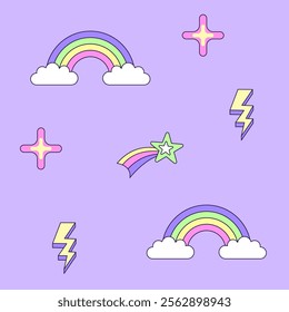 Seamless pattern with vintage comet lightning and rainbow in style of 90s. Multicolored elements on purple background. Retro illustration with outline in 90s style. Vector illustration.