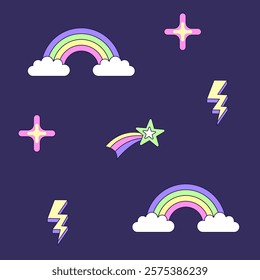 Seamless pattern with vintage comet lightning and rainbow in style of 90s. Multicolored elements on dark background. Retro illustration with outline in 90s style. Vector illustration.