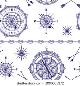 Seamless pattern with vintage compass, wind rose and rope knot. Nautical background. Vector illustration 