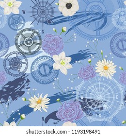 Seamless pattern with vintage compass, wind rose, gears, brush strokes and flowers. Travel, adventure and discovery. Nautical background. Vector illustration 