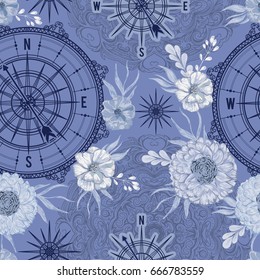 Seamless pattern with vintage compass, wind rose and floral elements in watercolor style. Nautical background. Retro hand drawn vector illustration