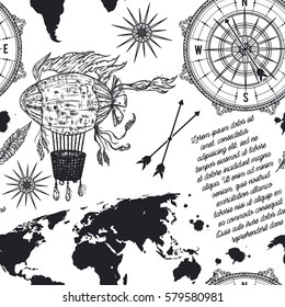 Seamless pattern with vintage compass, world map, airship and wind rose. Retro hand drawn vector illustration in sketch style 