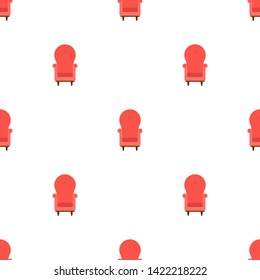 Seamless pattern with vintage cozy red armchair on white background. Interior of the living room. Vector illustration for design, web, wrapping paper, fabric, wallpaper.