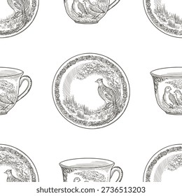 Seamless pattern with vintage cup and plate dishware graphic background. Hand drawn vector design in sketch style. Retro print for kitchen wallpaper. Perfect for nostalgic holiday fabric and paper.