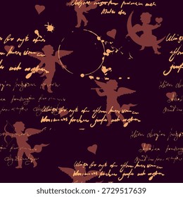 Padrão contínuo vintage cupido escuro romântico no fundo preto, script ilegível, texto. Ilustração vetorial isolada