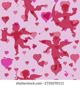Nahtloses Muster vintage cupid dunkelromantisch auf schwarzem Hintergrund, unleserliche Schrift, Text