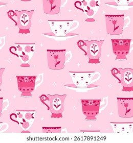 Seamless pattern with vintage cups in pink tones. Vector graphics.