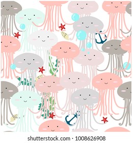 Seamless Pattern Vintage cute adorable beach funny theme,ocean jelly fish pastel vector illustration by hand draw doodle cartoon comic style,invitation card background