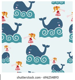 Seamless pattern Vintage cute adorable girl with telescope and whale at the sea marine vector background illustration by hand draw doodle cartoon comic style,invitation card