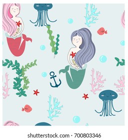 Seamless Pattern Vintage cute adorable ocean beach,star fish,sea anchor,mermaid, pastel romantic vector background illustration by hand draw doodle cartoon comic style,invitation card
