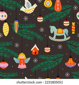 seamless pattern with vintage cute Christmas ornaments