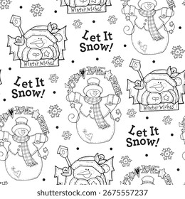 Nahtloses Muster von Vintage Niedlich Schneemann Malerei Kunst für Kinder Weihnachten Text und Schneeflocken und Vögel- Weihnachten Schwarz und Weiß Vintage Schneemann Vektorgrafik
