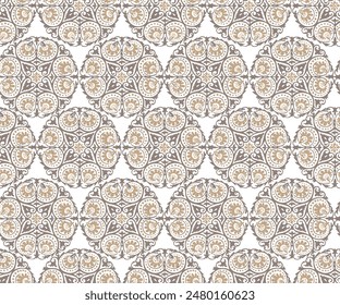 Seamless pattern. Vintage decorative elements. Hand drawn yellow background. Islam, Arabic, Indian, ottoman motifs. Perfect for printing on fabric or paper.