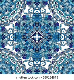 Seamless pattern. Vintage decorative elements. Hand drawn background. Islam, Arabic, Indian, ottoman motifs. Blue tone.