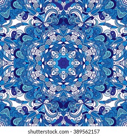 Seamless pattern. Vintage decorative elements. Hand drawn background. Islam, Arabic, Indian, ottoman motifs. Blue tone.